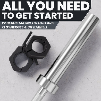Synergee 4.8ft barbell with two black magnetic collars for secure lifting.