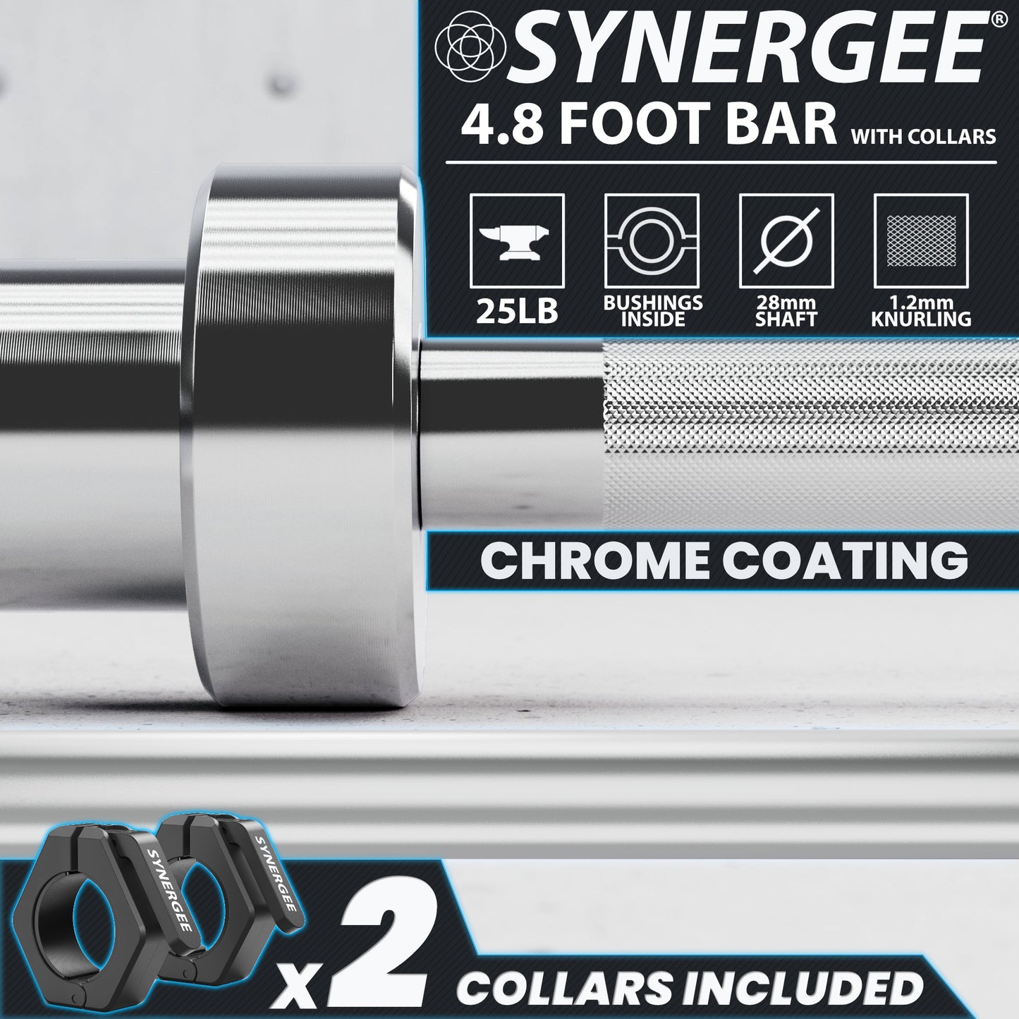 Synergee 4.8 foot bar with collars, featuring chrome coating and knurling for grip.