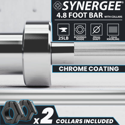 Synergee 4.8 foot bar with collars, featuring chrome coating and knurling for grip.