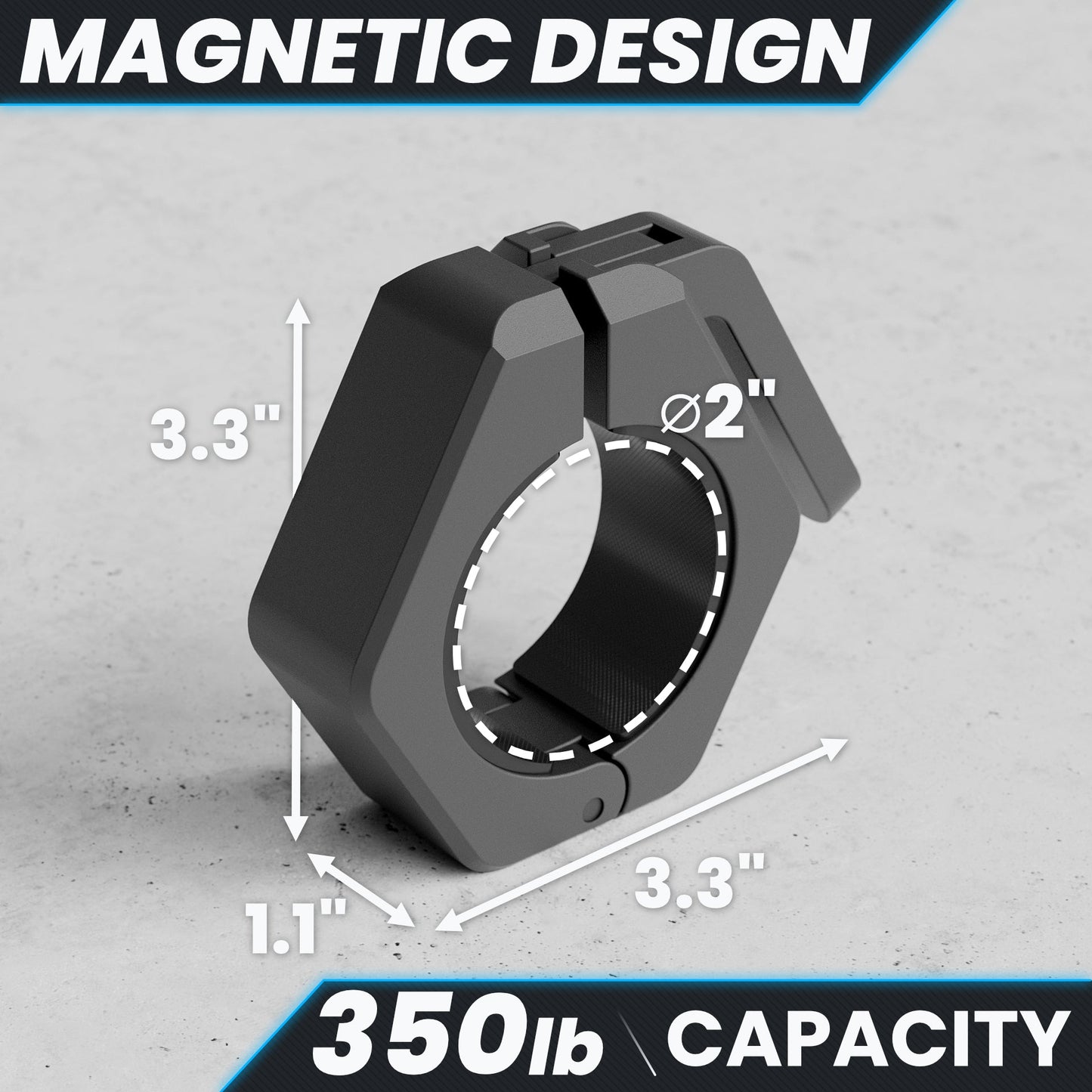 Magnetic design clamp with 350 lb capacity, measuring 3.3 inches in height and 2 inches in diameter.