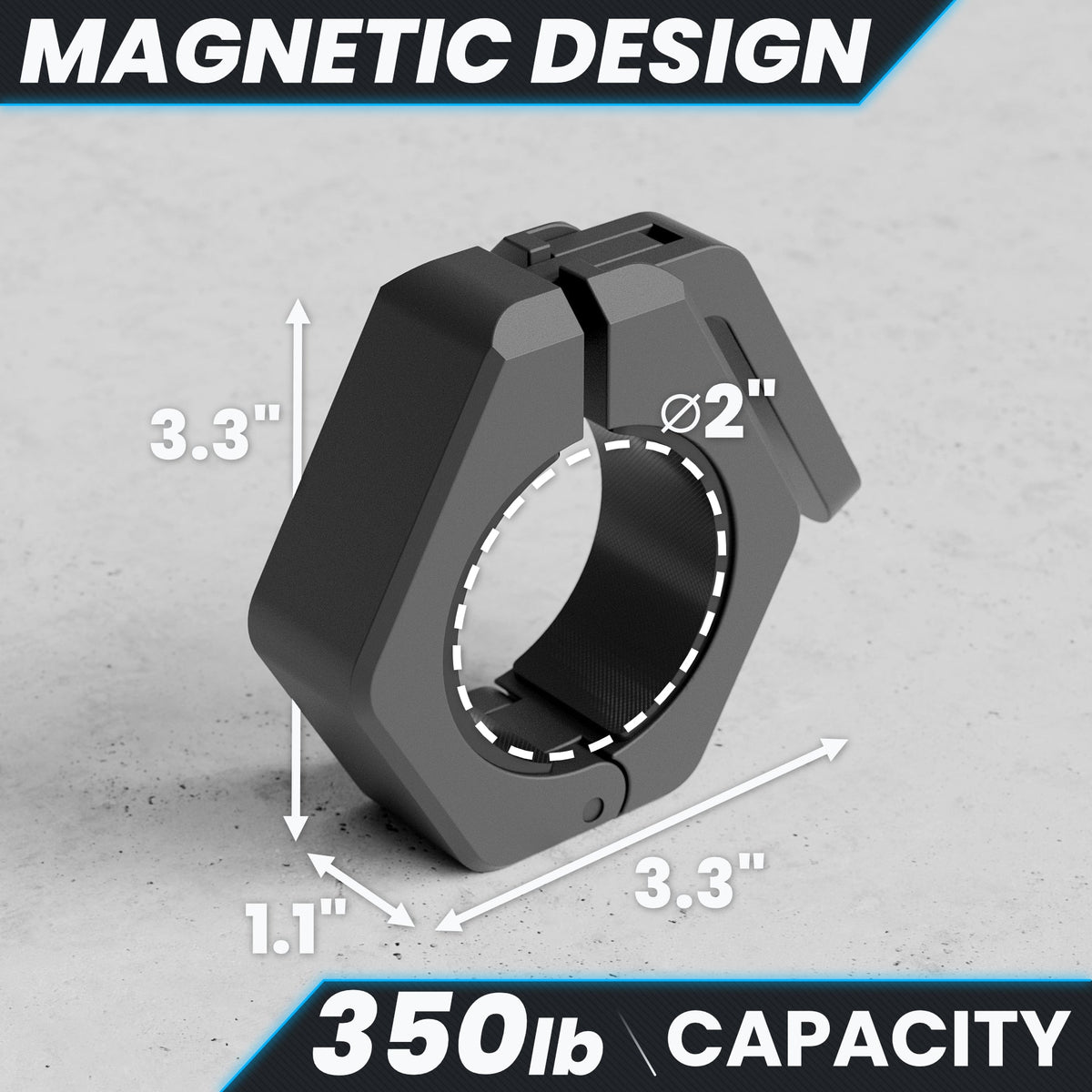 Magnetic design clamp with 350 lb capacity, measuring 3.3 inches in height and 2 inches in diameter.