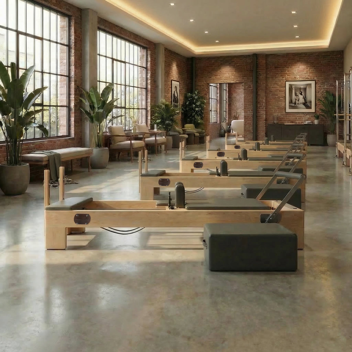 Pilates reformer machines in a spacious studio with large windows and modern decor.