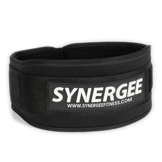Synergee weightlifting belt featuring a sturdy black design for support during workouts.